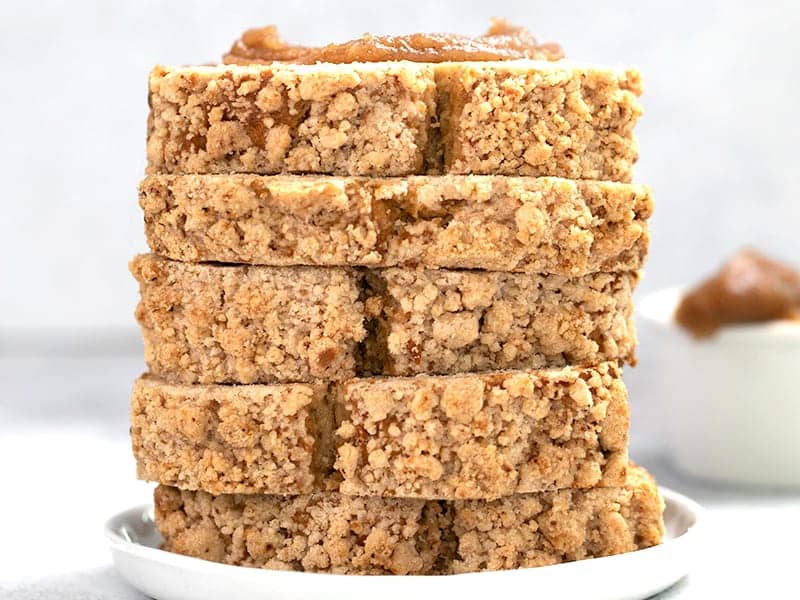 stack of 5 slices of apple bread on small white plate