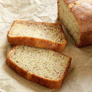 two slices of banana bread on crinkled brown paper