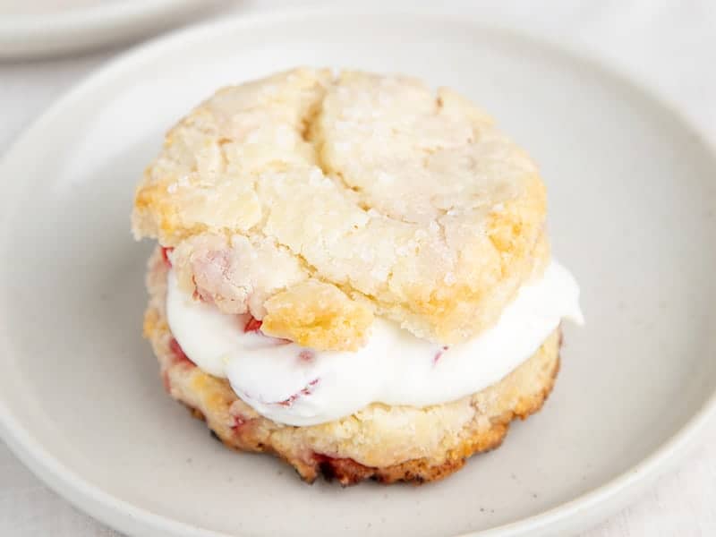 one cream filled strawberry shortcake on small white plate