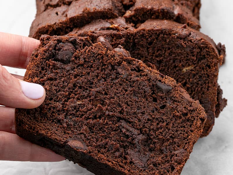 fingers holding slice of brown quick bread with chocolate chips