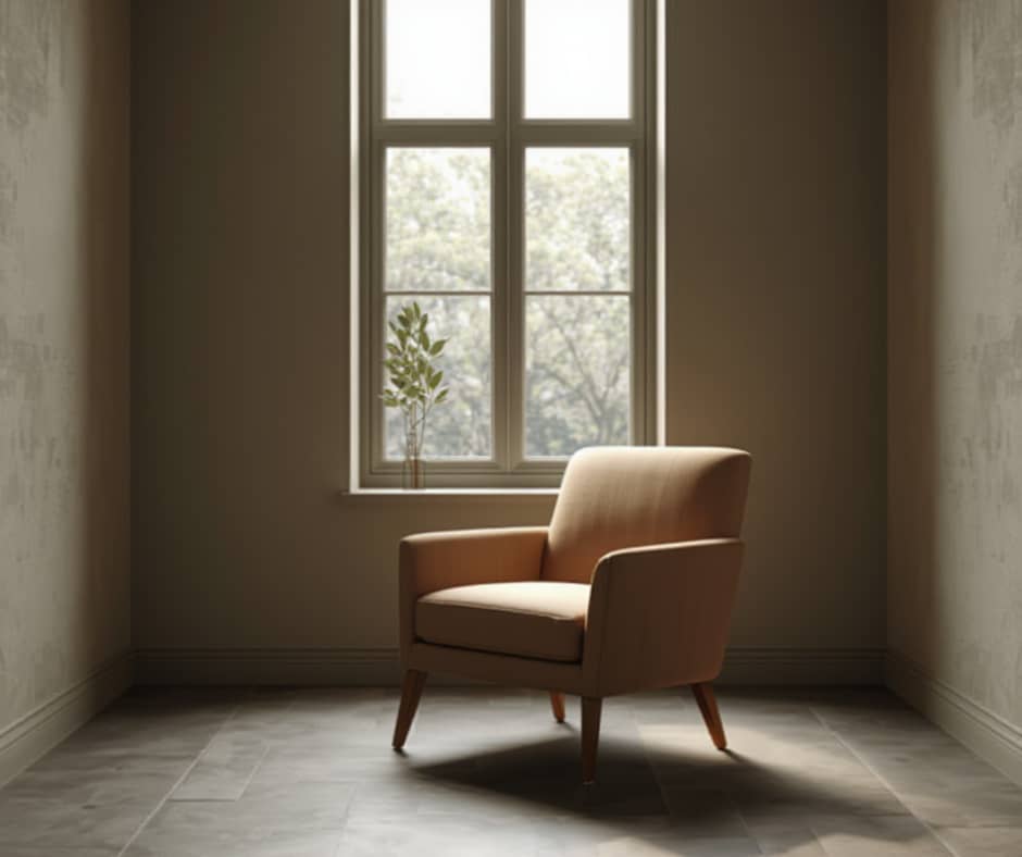 A serene sunset over calm water with silhouetted landscape.