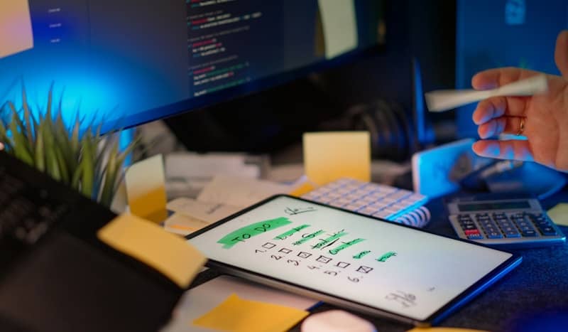 Developer working on multiple screens in a dark office.
