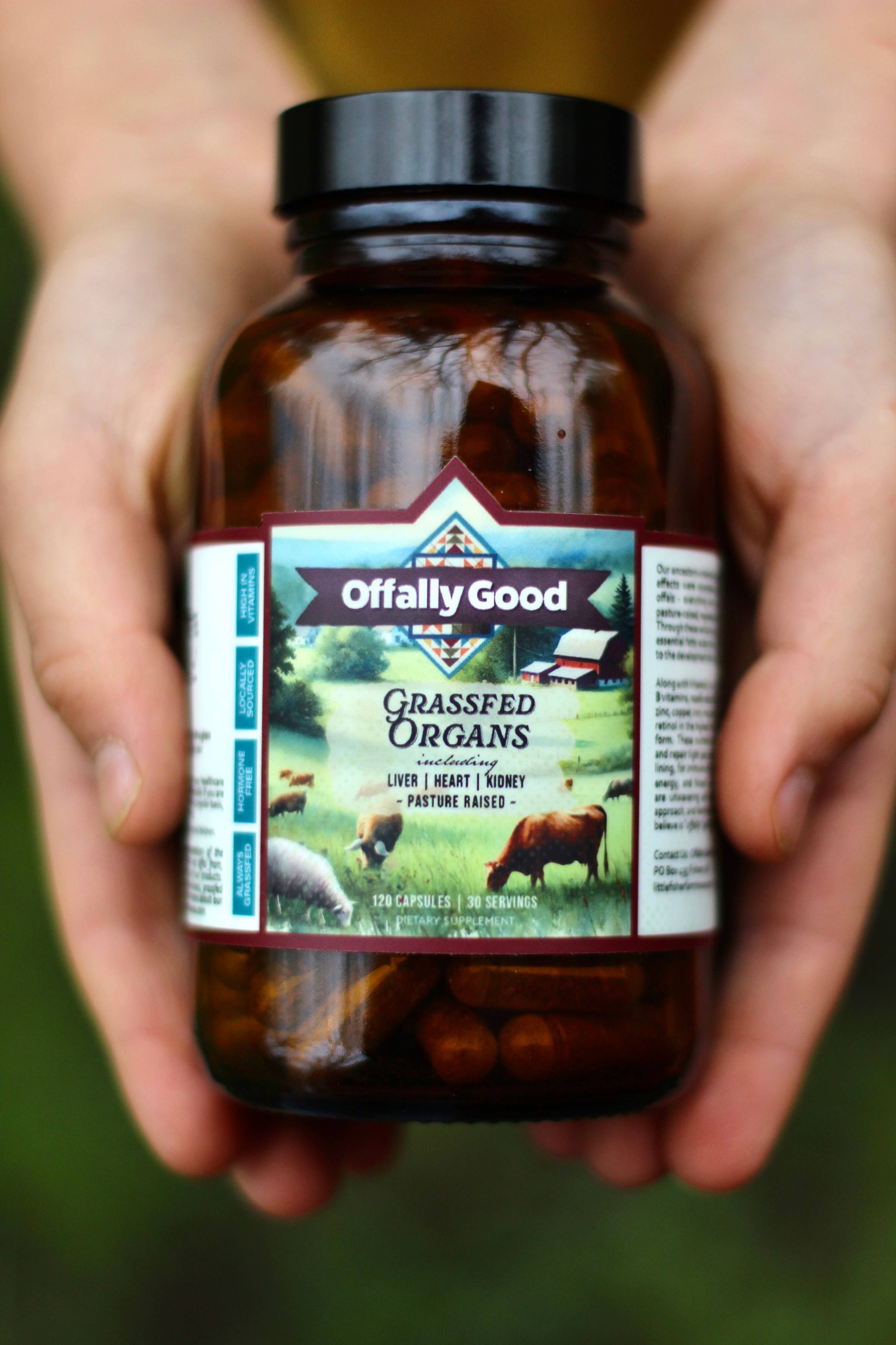 hands holding grass-fed organ supplement