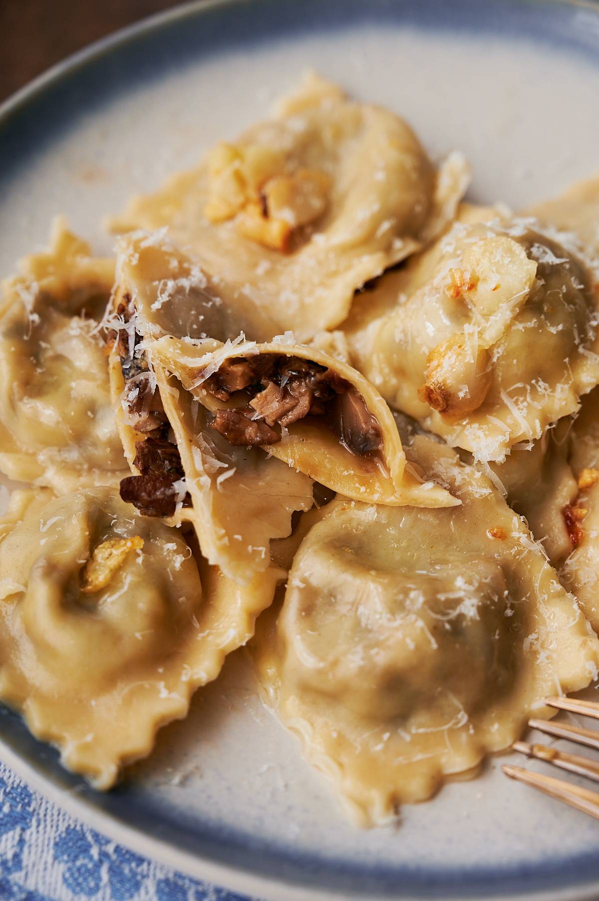 closeup of mushroom ravioli