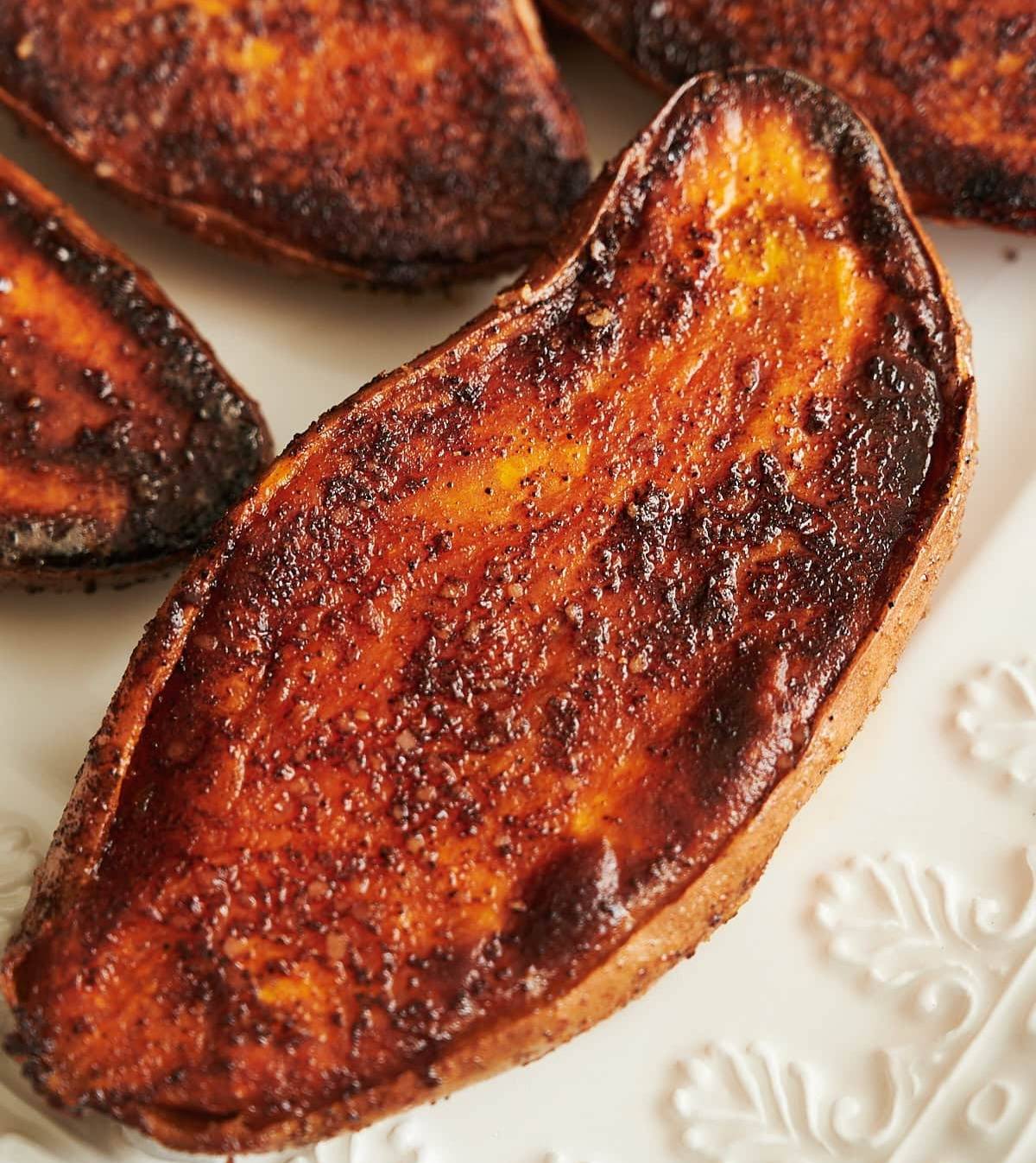 caramelized sweet potato on a white tray