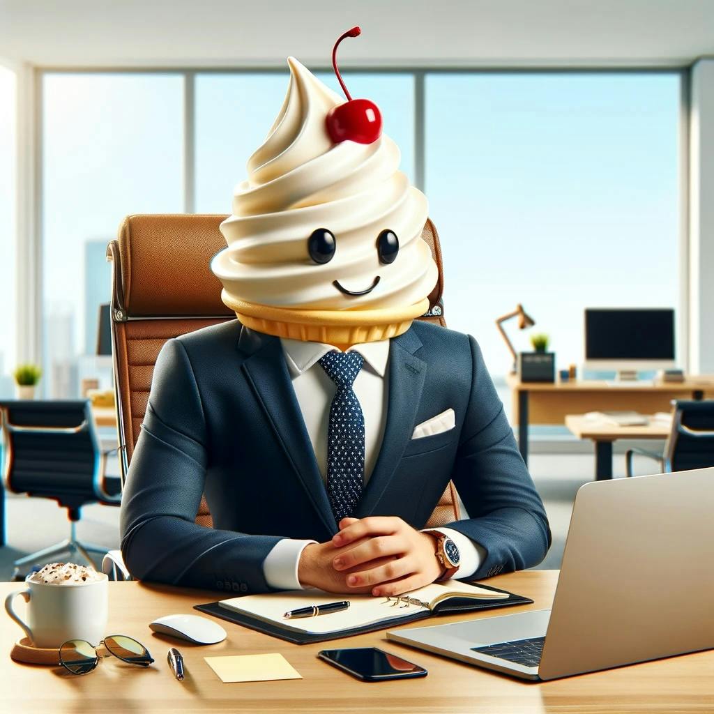 DALL·E 2024-02-15 15.51.08 - An office scene featuring a vanilla ice cream sundae character dressed in a sharp suit, sitting at a modern desk. The sundae has a friendly yet profes