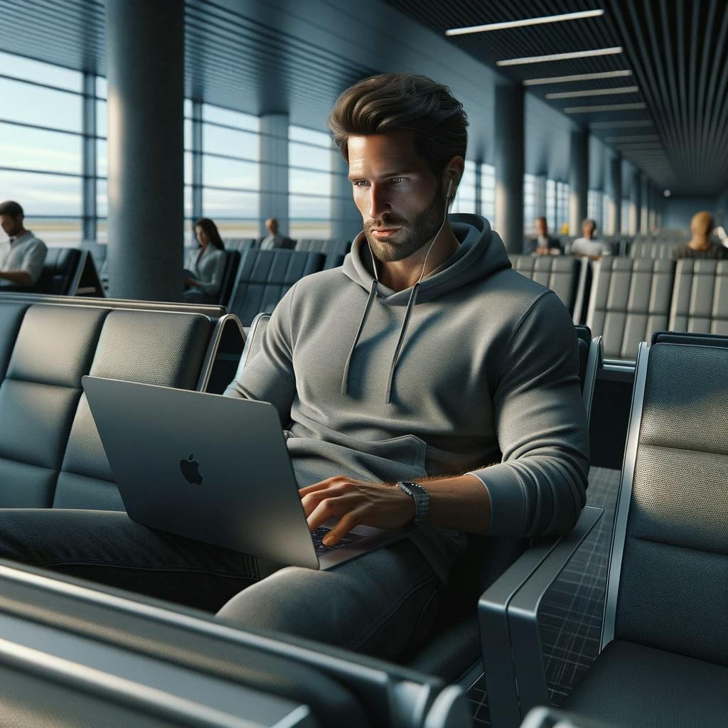 Hyper-realistic image of a man in his mid-40s, athletically built, with brown hair and a trimmed beard, engrossed in his Macbook Pro while sitting in an airport lounge. He wears a hoodie and is seated among grey chairs with silver trim. The surroundings include dark grey carpeting, off-white walls, and a gate in the distance. The ambient is of early morning, with various business professionals and passengers seated around.