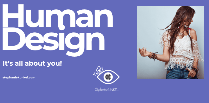 A Purple Presentation Slide with White Lettering says "Human Design" and "It's all about you!" on the right side of the slide is a woman in jeans and a fringed white shirt.  She wears bangles on her wrists and one hand is at her pocket while the other see