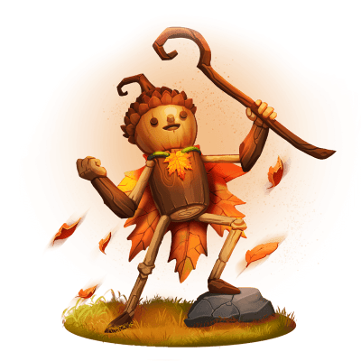 A 4thewords.com game monster. An acorn head on a tree like torso with stick like apendages, surrounded and decorated with fall leaves and a staff of wood stands upon a rock in a celebratory pose. It's harvest time!