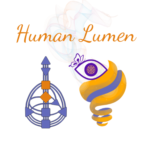 A Human Design Chart and a Yellow and perwinkle lightbulb appear side by side. In the lightbulb is Stephanie Kunkel's logo, an eye with a butterfly for lashes and a celtic connection knot in the iris.  Colorful smoke rises in the background and the text s