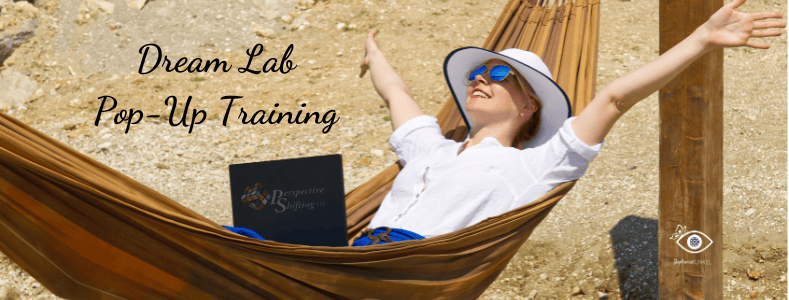 A woman in a white hat, sunglasses, and a white shirt relaxes victoriously in a hammock with her laptop, living the dream in the sun. The words "Dream Lab Pop-Up Training" appear in the sandy background.