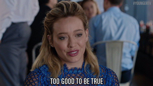 gif of hilary duff saying "Too good to be true" while wearing a blue sweater
