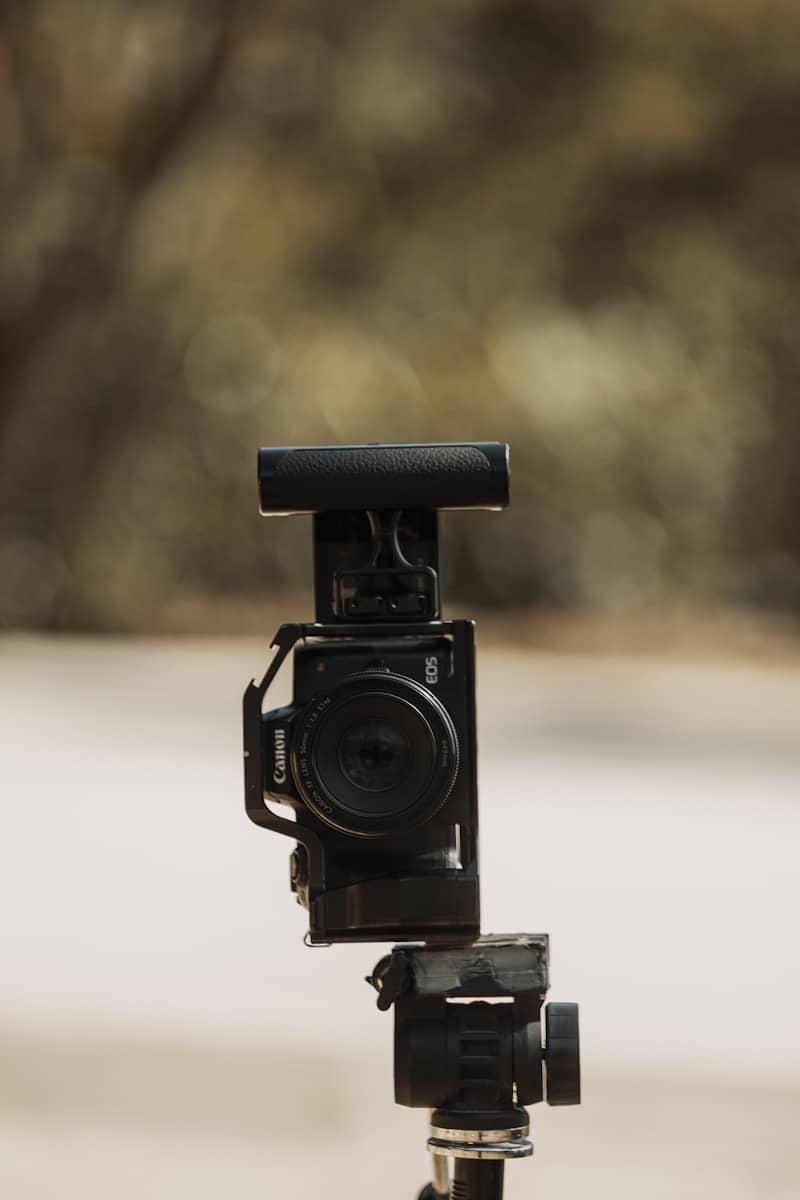 Digital camera with external flash mounted on a tripod.