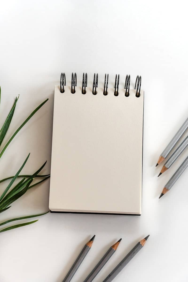 Blank notebook with pencils and green leaves