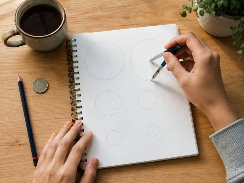 Hands drawing circles with a compass on a notebook
