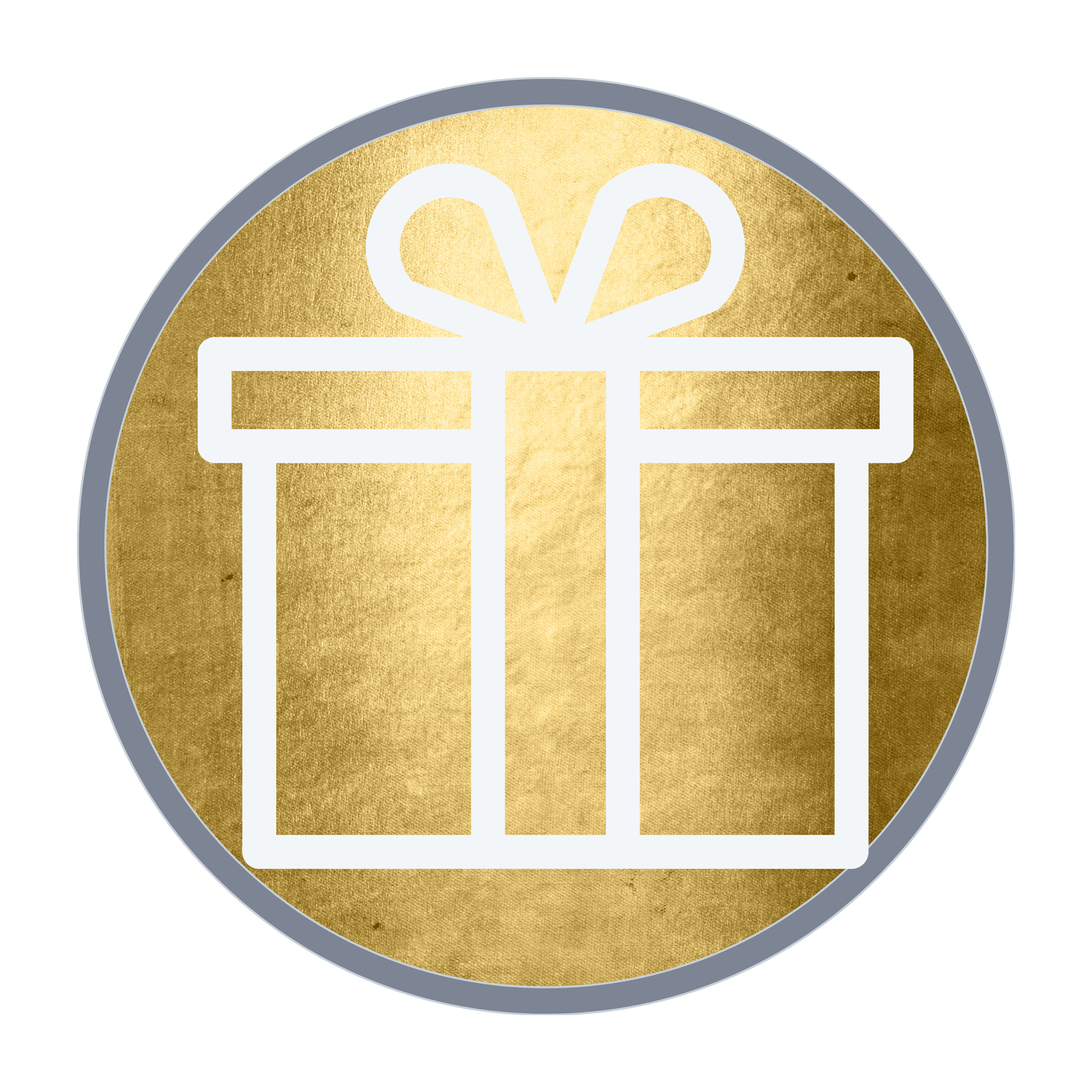 Icon of a white gift box with a bow on top, set against a circular gold background with a gray border.