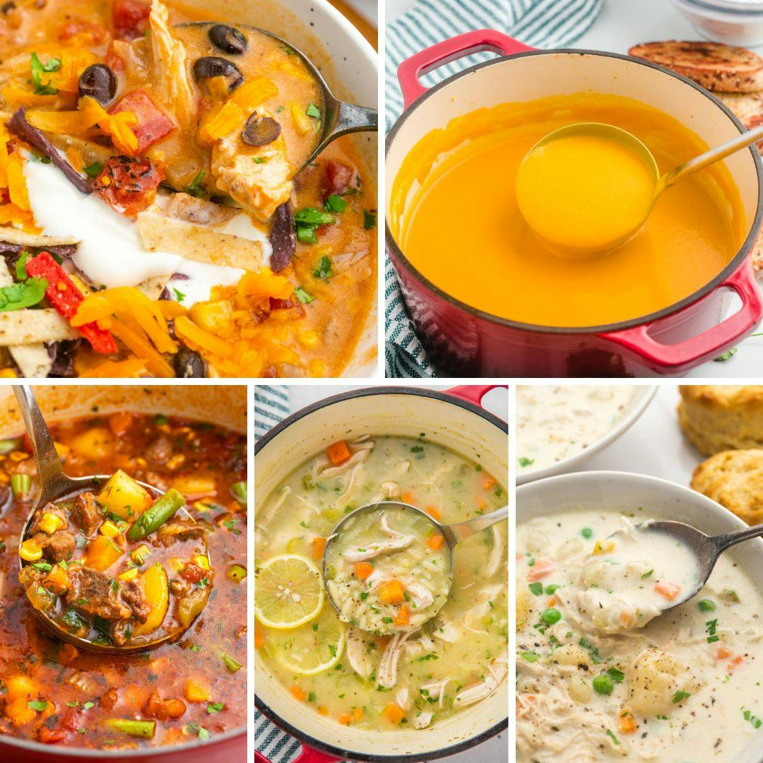 A collage of 5 images of soups