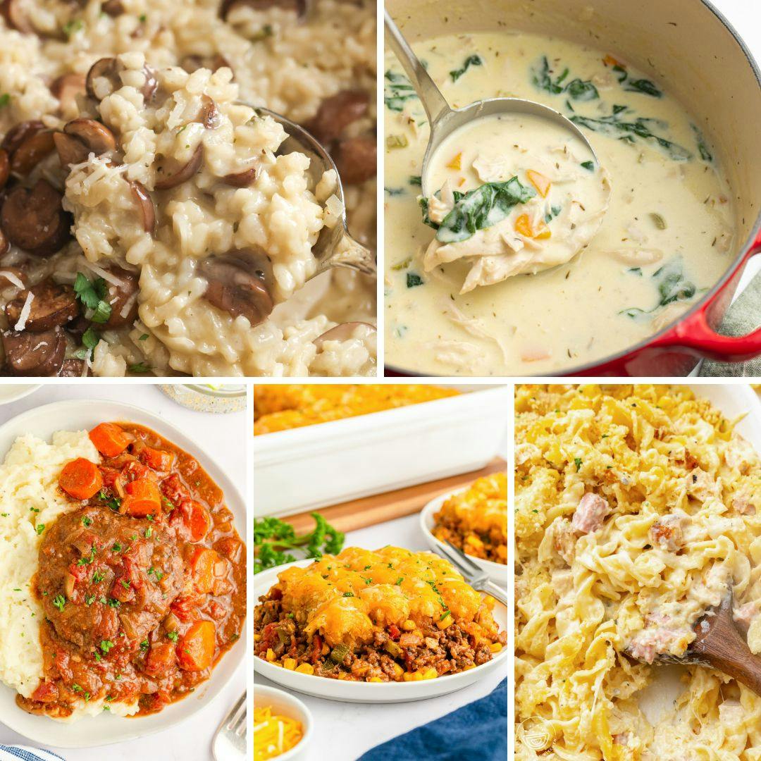 A collage of 5 images of soups