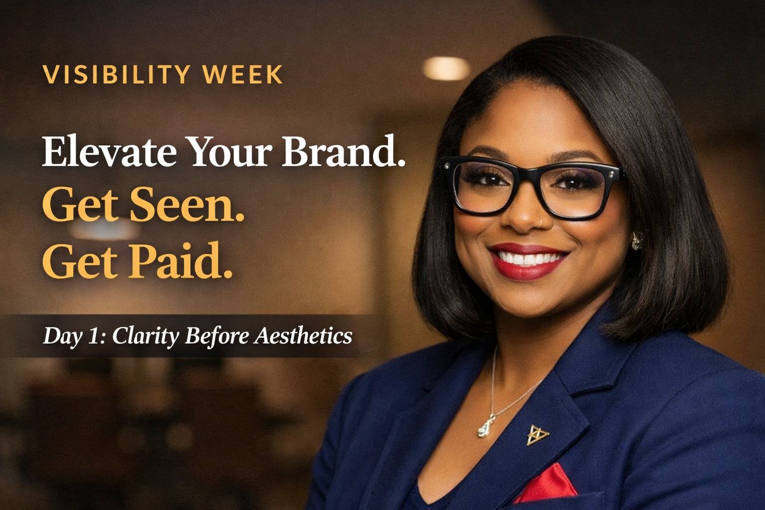 # AI Image Generation Prompt  **Main Prompt:**  Professional business portrait photograph of a confident Black woman with shoulder-length sleek black bob hairstyle, wearing large black-framed rectangular glasses and a warm, genuine smile showing teeth. Sh