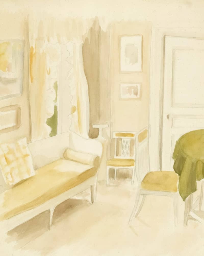 A pale watercolor of a sunlit room with furniture.