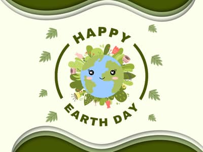 text: happy earth day; image: planet earth with a smiling face, with trees and flowers surrounding it