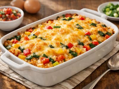 breakfast casserole in a baking dish on a table