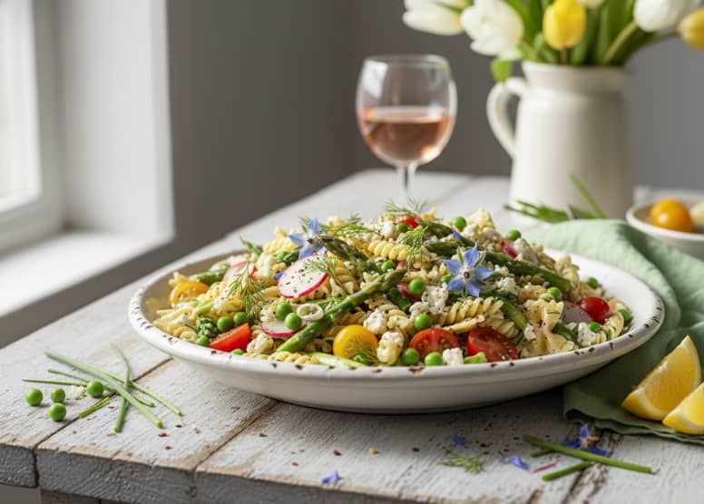 plate of spring pasta salad on a table with a glass of wine in the background