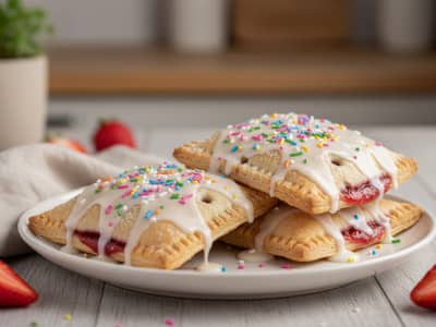 3 vegan pop tarts on a plate; strawberry filling with white icing and multicolored sprinkles