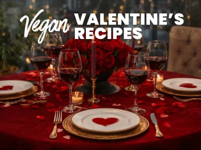 romantic table setting; text: vegan valentine's recipes