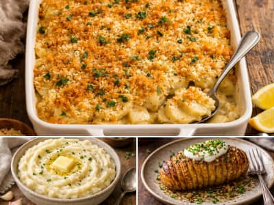 images of 3 potato recipes: scalloped potatoes (top), vegan mashed potatoes (bottom left), hasselback potatoes (bottom right)