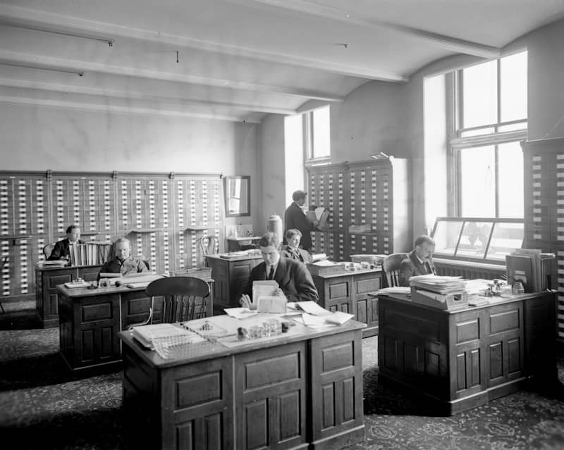 Five men working at wooden desks in a sunlit office with filing cabinets