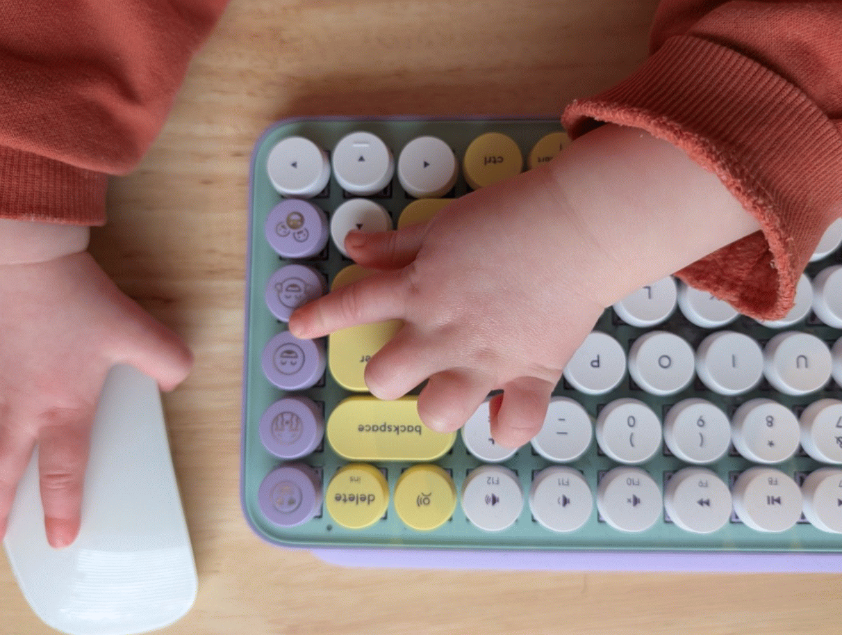 A toddler using a keyboard and mouse to set their new password