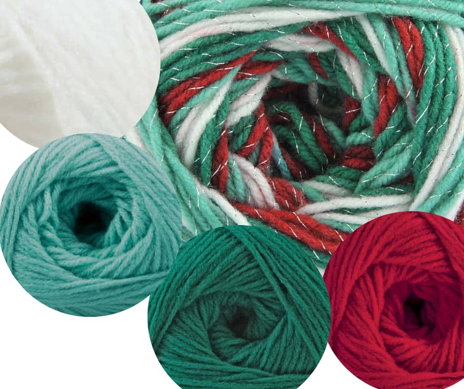 red, green, and white holiday yarn with sparkles