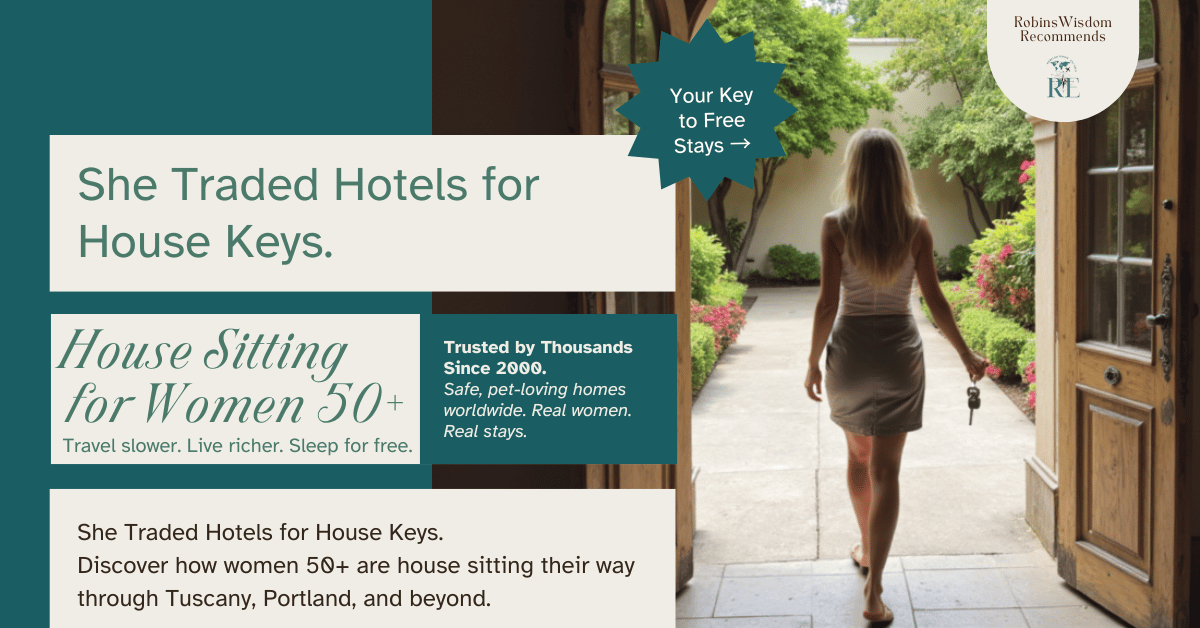 Woman in her 50s walking into a sunlit villa holding house keys—symbolizing freedom, confidence, and alternative travel through house sitting for women over 50.