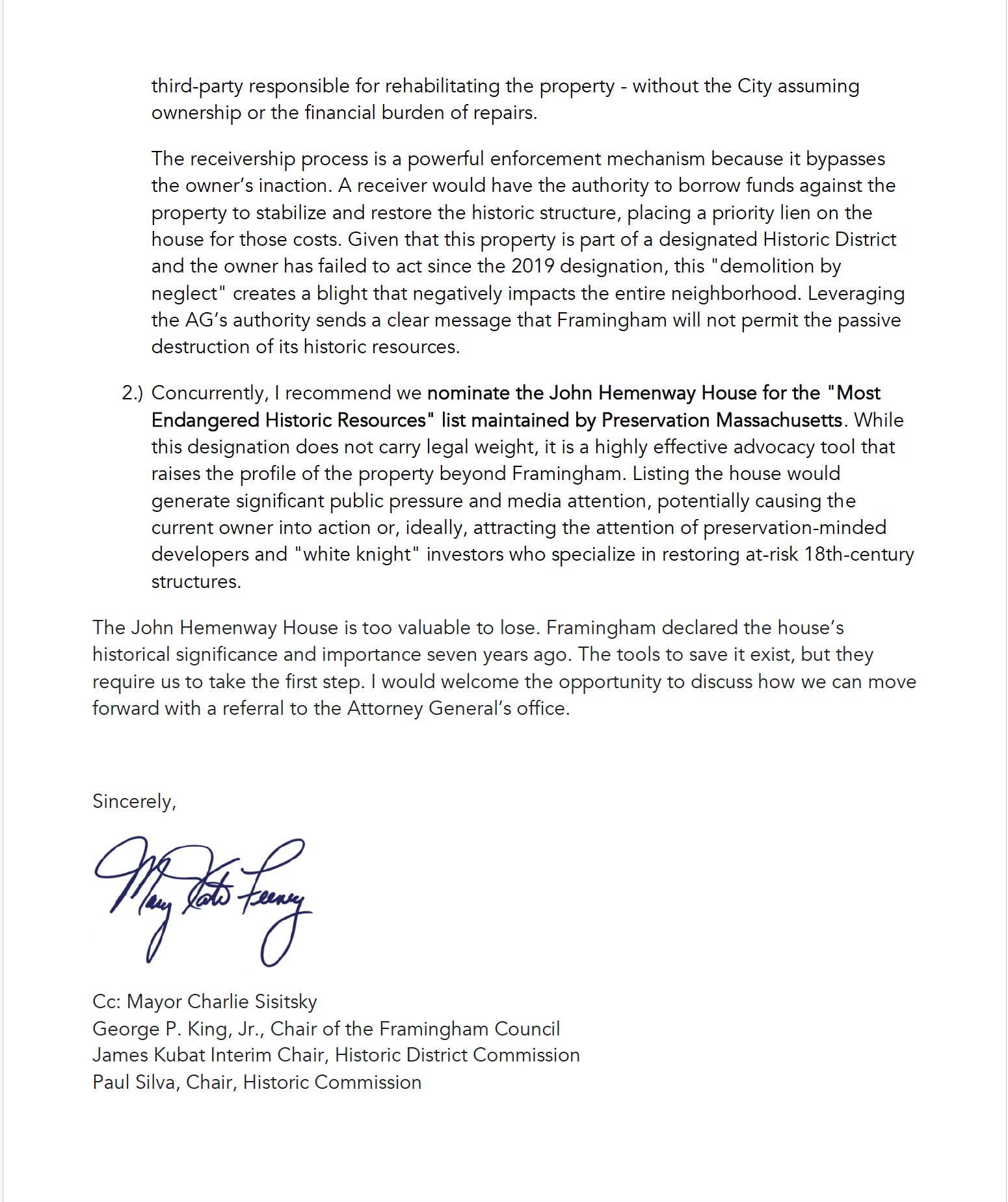 Page two of Mary Kate Feeney's letter to the City regarding the John Hemenway House on Pleasant Street.