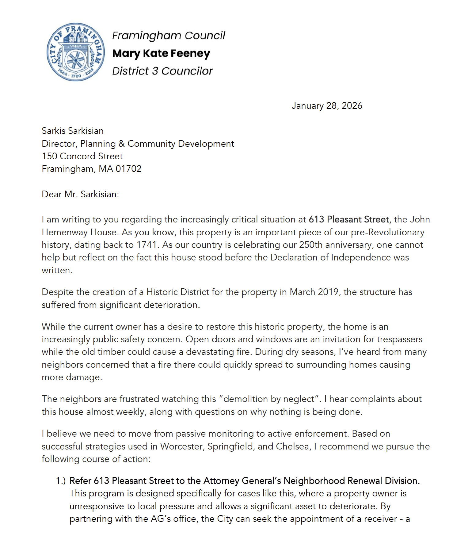 Page o of Mary Kate Feeney's letter to the City regarding the John Hemenway House on Pleasant Street.ne