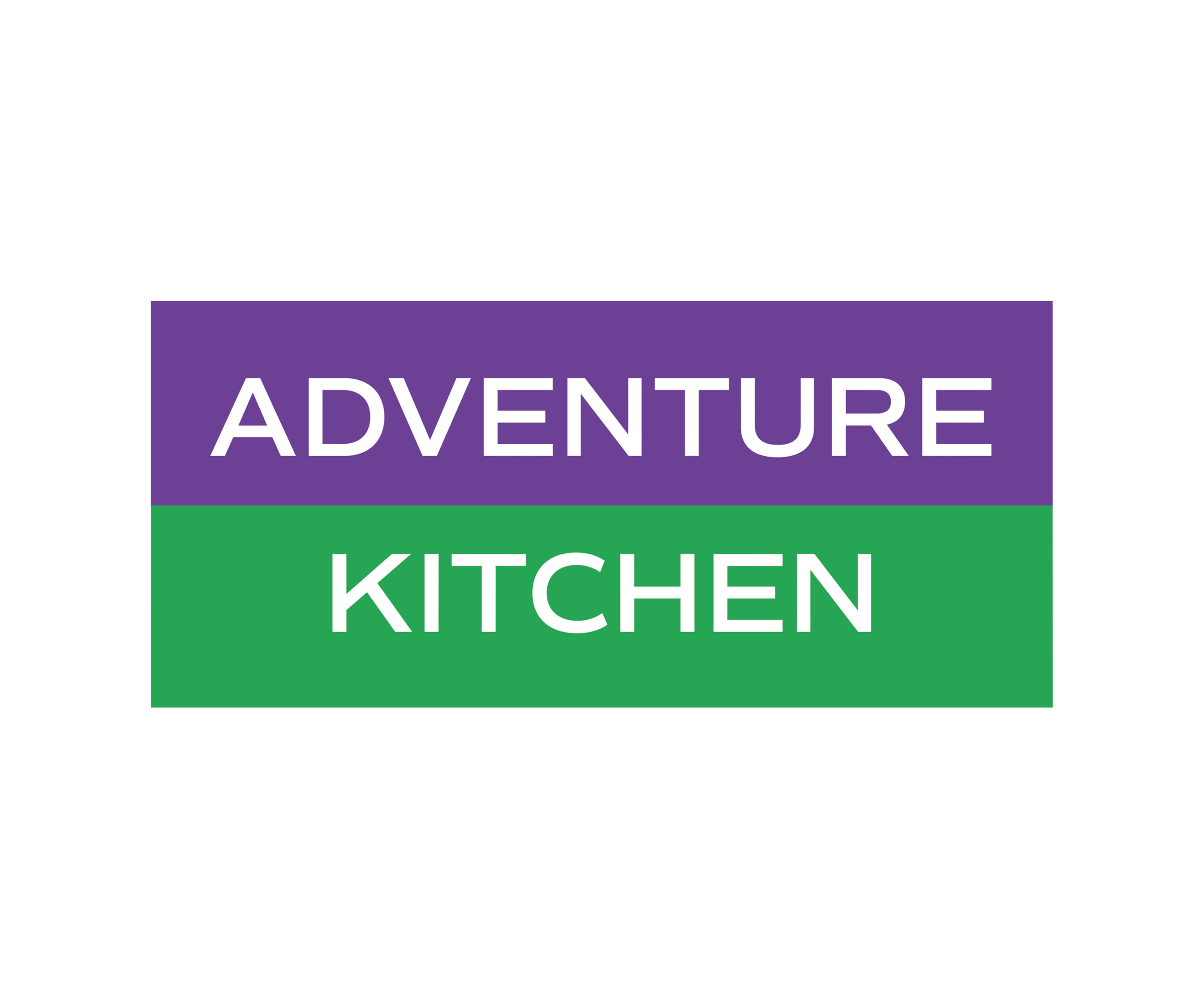The image features a logo with two colored rectangular sections. The top section is purple with the word "ADVENTURE" in white capital letters, and the bottom section is green with the word "KITCHEN" in white capital letters.