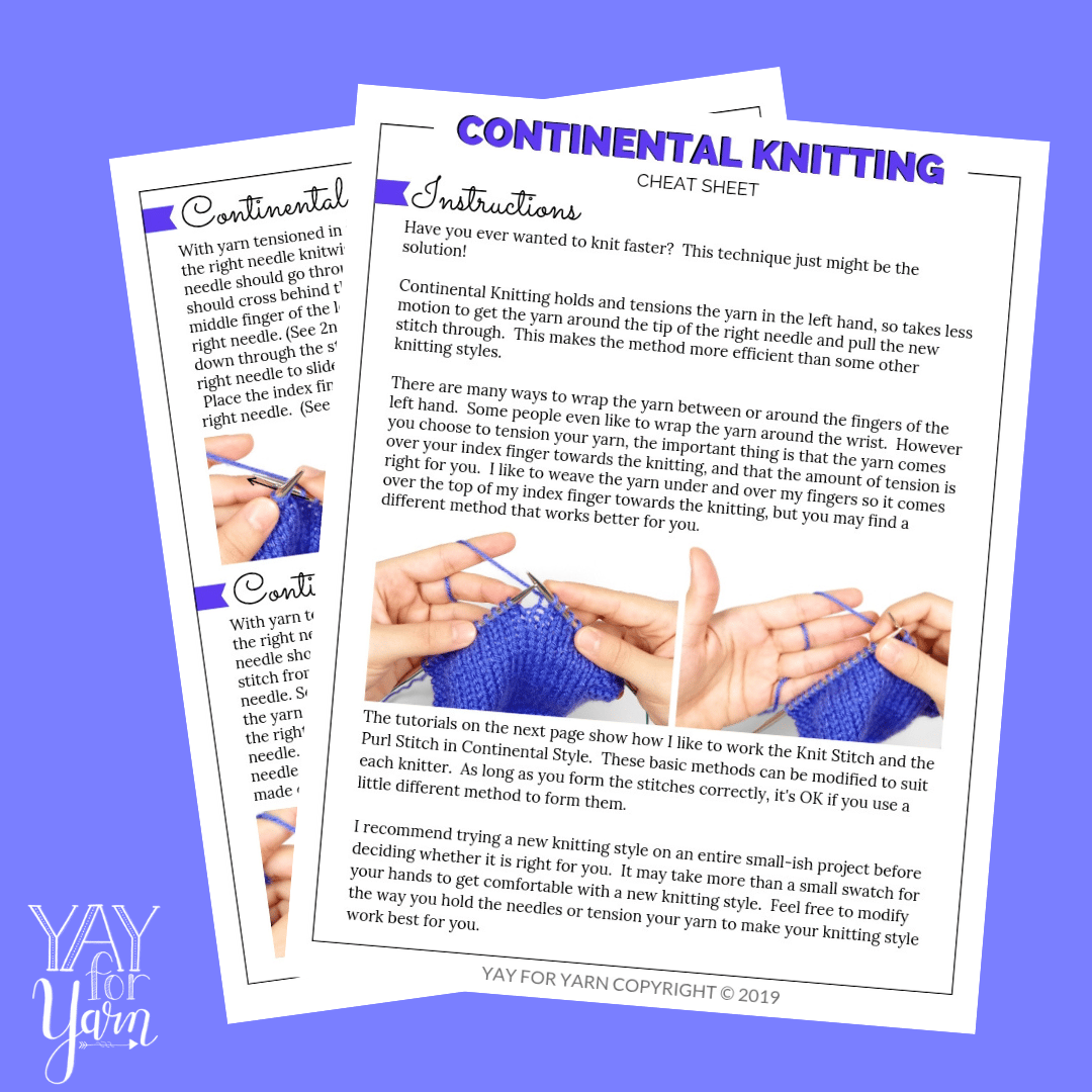 Continental Knitting Cheat Sheet