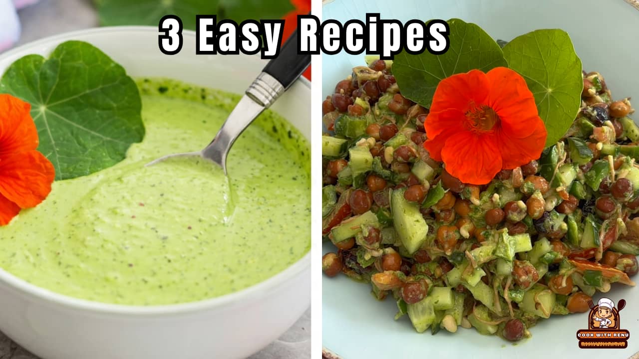 2 images shown in pic, left is with Nasturtium yogurt dip and right with Chana Salad with Nasturtium Dressing