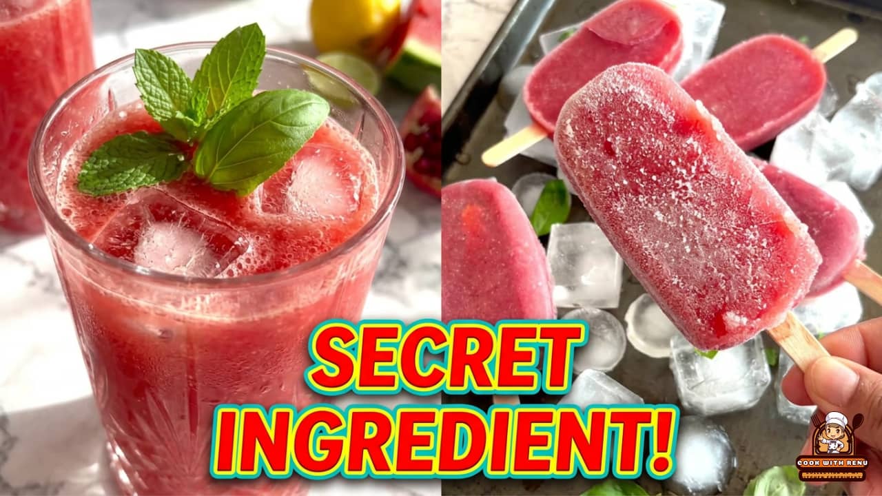 Image showing a watermelon juice in one side and popsicle on the other end.