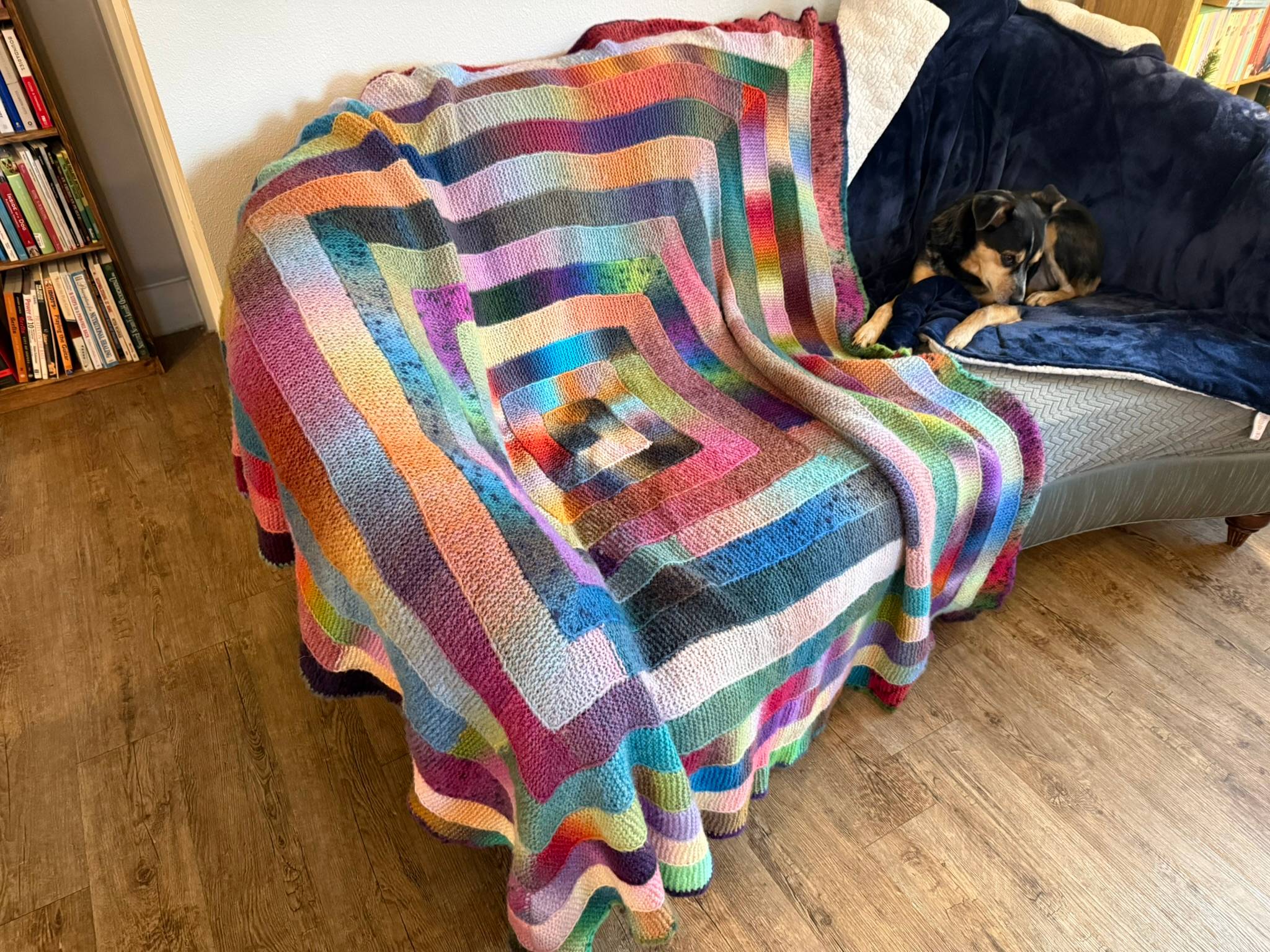 A garter stitch blanket knit in concentric rounds of alternating light and dark colors on a blue couch with a black dog next to it.