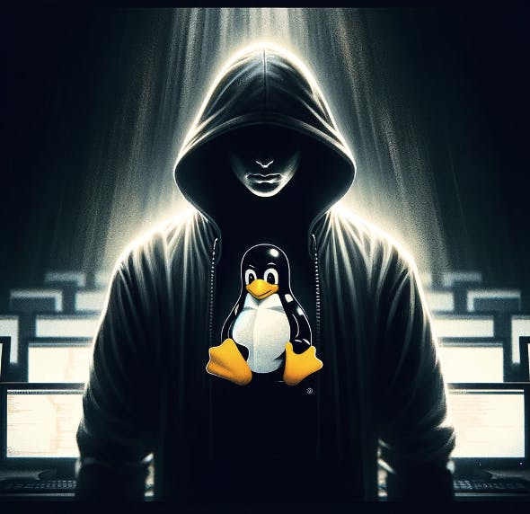 Enhance the previous artwork by making the background even darker, creating a more mysterious and intense atmosphere. Add a clearly visible Linux penguin logo on the figure's shirt to signify their affiliation with Linux. The figure remains shrouded in shadows, with the glow from the computer screens providing a subtle illumination. This adjustment emphasizes the figure's deep connection to the Linux operating system, making the scene more specific to the character's expertise and identity as a hacker.