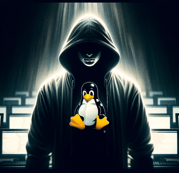 Enhance the previous artwork by making the background even darker, creating a more mysterious and intense atmosphere. Add a clearly visible Linux penguin logo on the figure's shirt to signify their affiliation with Linux. The figure remains shrouded in shadows, with the glow from the computer screens providing a subtle illumination. This adjustment emphasizes the figure's deep connection to the Linux operating system, making the scene more specific to the character's expertise and identity as a hacker.