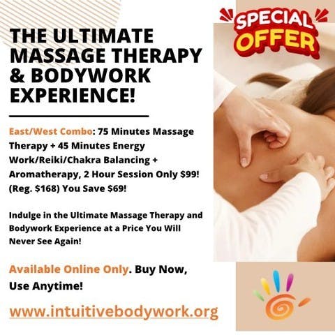 Don’t Pass Up this Limited Time Special Offer! Get the Ultimate Massage Therapy and Bodywork Experience for only $99! (Reg. $168). You save $69! Shop Now at  https://giftup.app/place-order/05400e21-b0da-45ee-bca7-2851b295f1e4?platform=hosted&productId=fc935324-d4cd-41f2-86a4-08d5dace343f&language=en-US. Available Online Only. Buy Now, Schedule Anytime! Offer Ends 6/21/2024.
