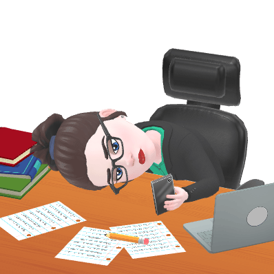 Cartoon Bitmoji image of Alison with her head on a desk surrounded by papers, books, and a laptop, staring at a phone.