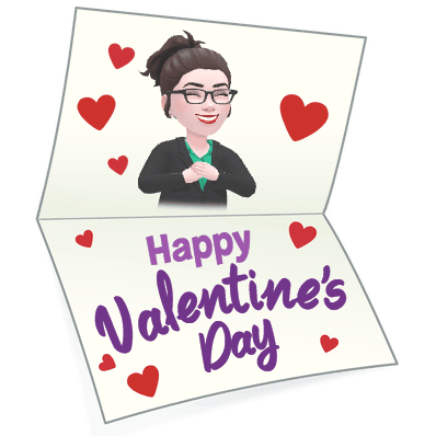 Cartoon Bitmoji image of Alison inside a card that reads Happy Valentine's Day