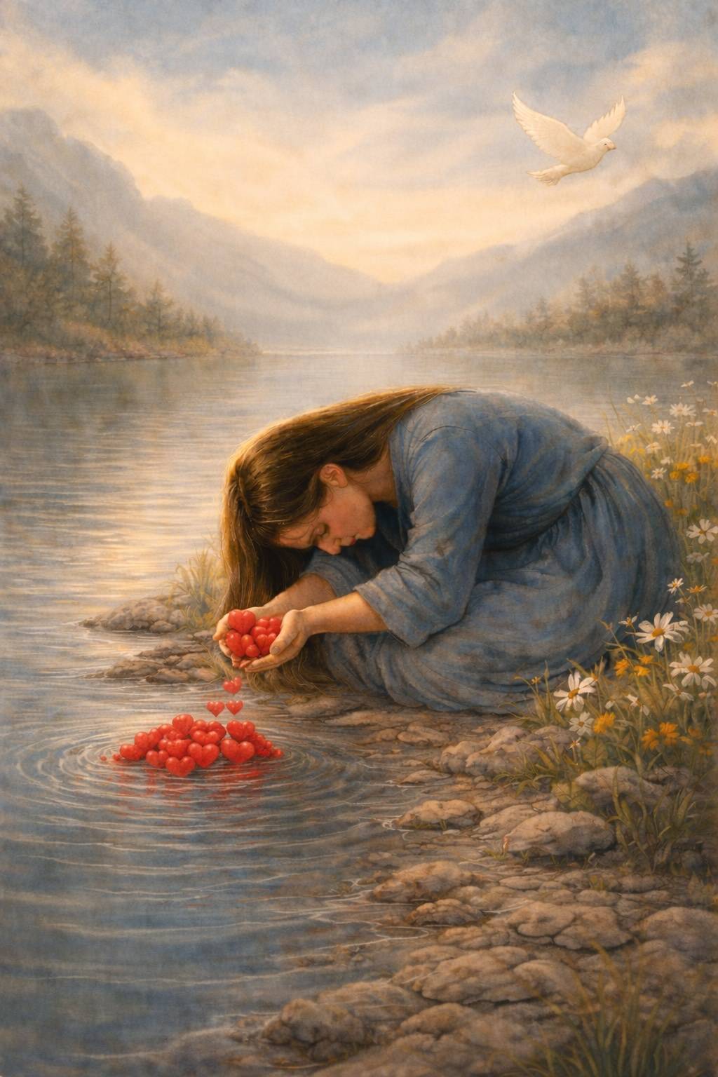 Woman kneeling beside a quiet lake, head bowed, gently releasing a red heart into the water as a cluster of hearts floats nearby, with wildflowers and a white dove overhead.