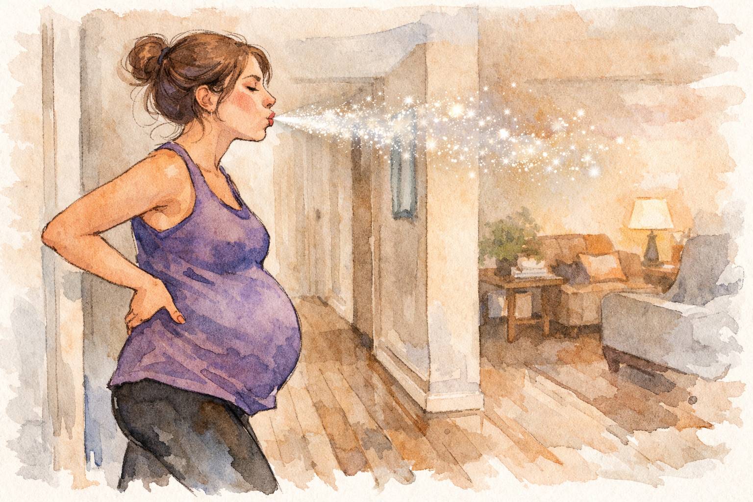 Watercolor-style illustration of a pregnant woman standing in a dim hallway, leaning slightly forward with one hand on her lower back. She blows sparkling “pixie dust” from pursed lips as a breathing coping technique during labor. A softly lit living room