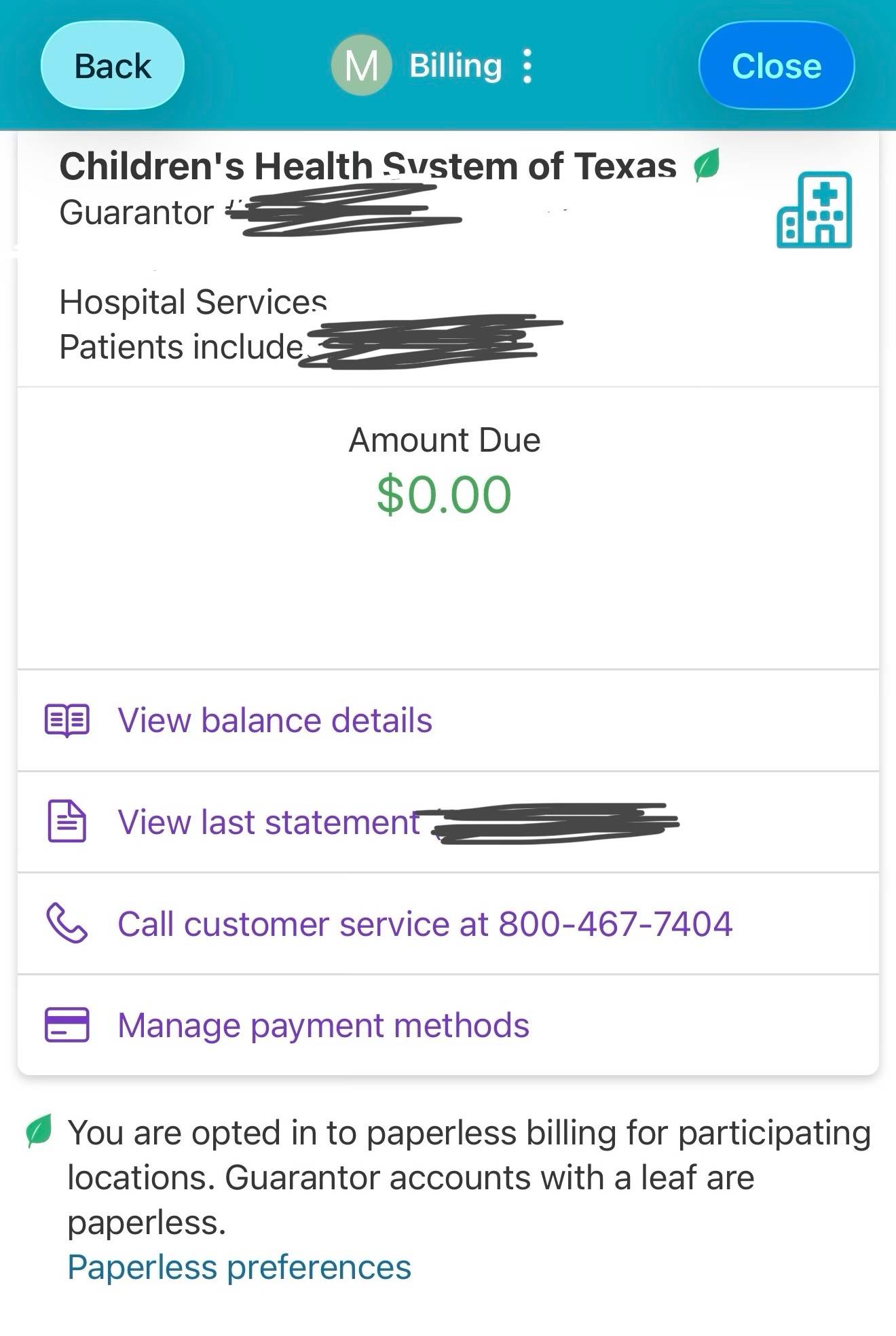Hospital billing screen showing a $0.00 balance due after months of ongoing billing complications and uncertainty.