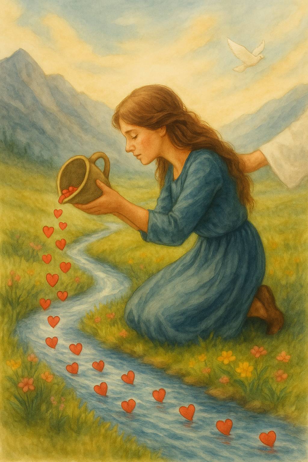 A woman in a blue dress kneels by a flowing stream, gently pouring red hearts from a jug into the water. A hand rests supportively on her shoulder, mountains rise in the background, and a white dove soars above.